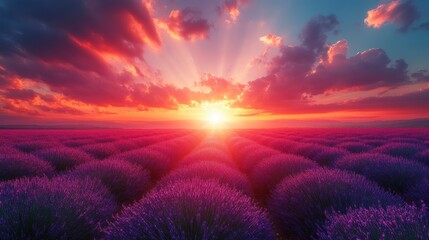 Fototapeta premium Vibrant sunset over a lavender field.