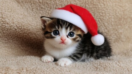 Adorable Kitten in Santa Hat on Soft Beige Background Perfect for Holiday and Christmas-Themed Graphics and Designs Featuring Cute Animal Cheer