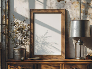 a large white empty picture frame with a wooden frame, on a white shelf  white wall living room