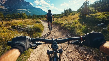 An exhilarating mountain biking adventure on rugged trails, Bicycles and helmets set for outdoor exploration, Extreme sports style