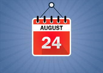 August 24, Calendar hanging sign. 24th days of the month, modern illustration. Date day of week Sunday, Monday, Tuesday, Wednesday, Thursday, Friday, Saturday. Flat style