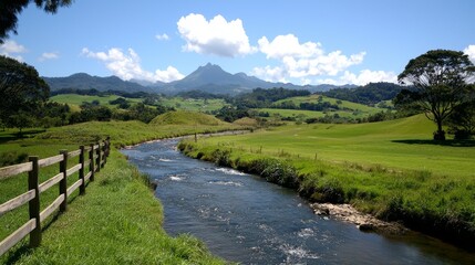 Fototapeta premium Flowing River Action Serene Valley Landscape Photography Lush Greens Wide Angle Tranquil Nature Scene