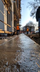 Obraz premium Freshly poured cement forms a straight path next to a building, reflecting sunlight in the afternoon