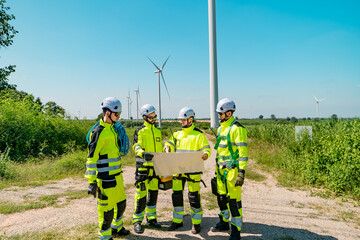 Four young male wind farm engineers work inspecting field systems.Wind turbine engineer inspection and wind turbine inspection progress at construction site.