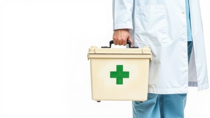 Doctor's hands hold a first aid kit with a handle. First aid kit