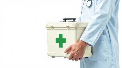 Doctor's hands hold a first aid kit with a handle. First aid kit