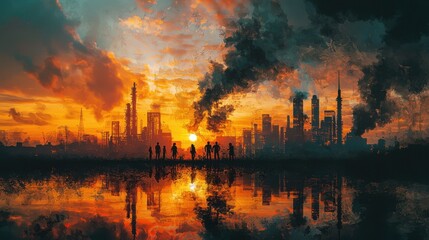 Fototapeta premium Sunset pollution scene urban landscape digital art dystopian view