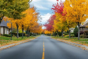 Naklejka premium Autumnal Tree-Lined Street in Vibrant Colors - Scenic autumn street, vibrant fall foliage, colorful trees, residential neighborhood, tranquil atmosphere.