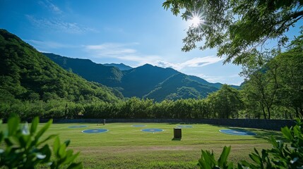 An expansive archery range set against a mountain backdrop, Targets strategically placed amidst lush greenery, Sporting event style