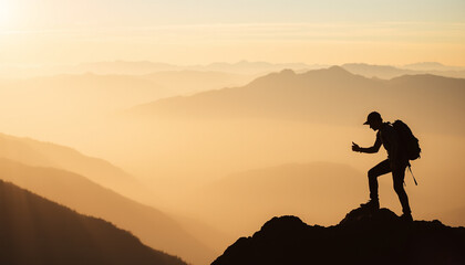Silhouette of a lone hiker reaching the mountaintop at sunrise, bathed in the golden light of the morning sun