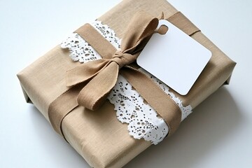 Soft linen-wrapped gift with a lace ribbon isolated