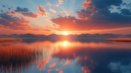 Obraz premium Sunset over calm lake with orange sky reflection.