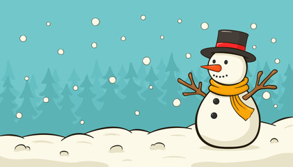 Christmas background with a snowman. Cartoon illustration