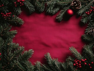 Elegant Holiday Frame Pine and Berries on Red Background. Generative Ai Photos