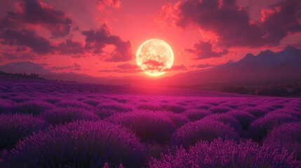 Sunset moonrise over a lavender field.