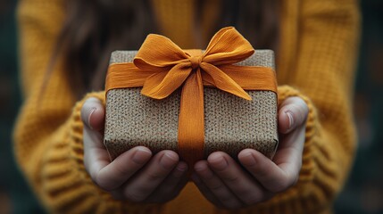 Two hands gently hold a beautifully wrapped gift box adorned with a bright ribbon, symbolizing the joy of giving and celebration,