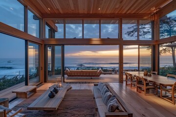 Fototapeta premium Modern living room featuring large windows that offer stunning views of the ocean at sunset with a sailboat on the horizon