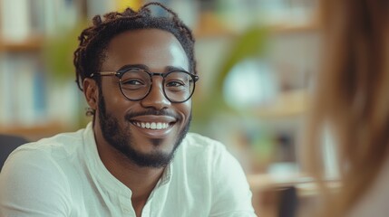 Obraz premium A man arguing in a well-lit office, smiling softly as he uses his hands to explain a complex idea 