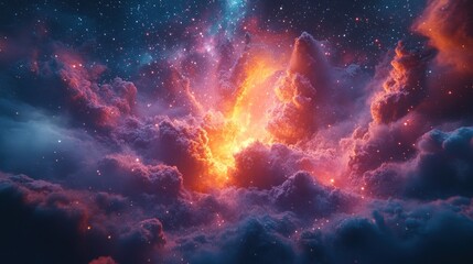  Fiery cosmic clouds illuminate the night sky.