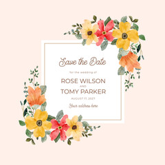 save the date card frame yellow orange floral watercolor