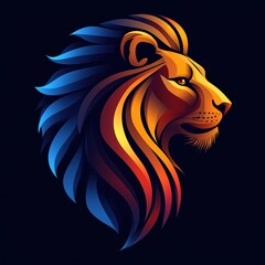 Obraz premium A bold and colorful illustration of a lion's head, the vibrant mane is a striking contrast against the dark background.