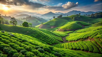 Obraz premium Scenic Tea Plantations on Rolling Green Hills at Sunset