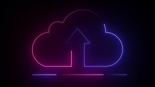 Glowing neon line Cloud file upload with loading bar icon animation on black background. Data storage icon concept.