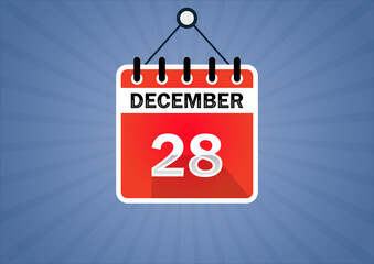 December 28, Calendar hanging sign. 28th days of the month, modern illustration. Date day of week Sunday, Monday, Tuesday, Wednesday, Thursday, Friday, Saturday. Flat style
