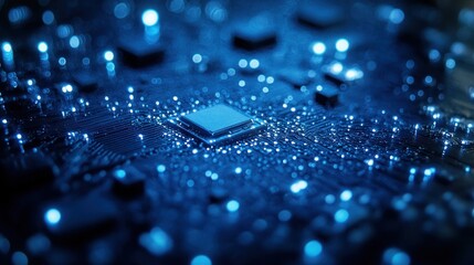 Close-up of illuminated microchip on circuit board.