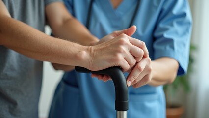 A healthcare professional provides support to a patient grasping a cane. The setting is warm and inviting, suggesting a home care environment focused on mobility assistance