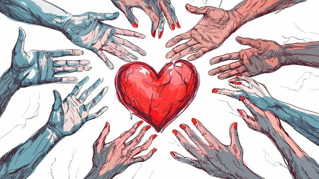 This illustration features a heart symbol embraced by various hands, symbolizing appreciation and admiration on a white background.