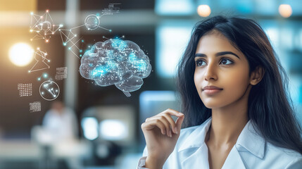 Dedicated Arab, Muslim, or Indian woman conceptualizing holographic brain tech, representing medical advancements and high-tech design creativity