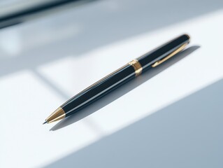 Elegantly Styled Black Ballpoint Pen with Gold Accents a Modern Desk Minimalist Office Setup Close-up for Professional Aesthetic