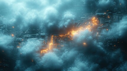 Naklejka premium Glowing Circuitry in Clouds.