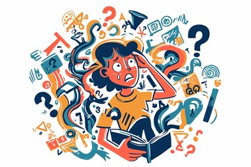 A confused character scratching their head is surrounded by an array of perplexing symbols and question marks against a white background.