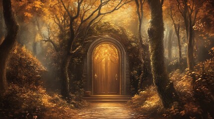 Obraz premium A door in the middle of a forest that opens to space