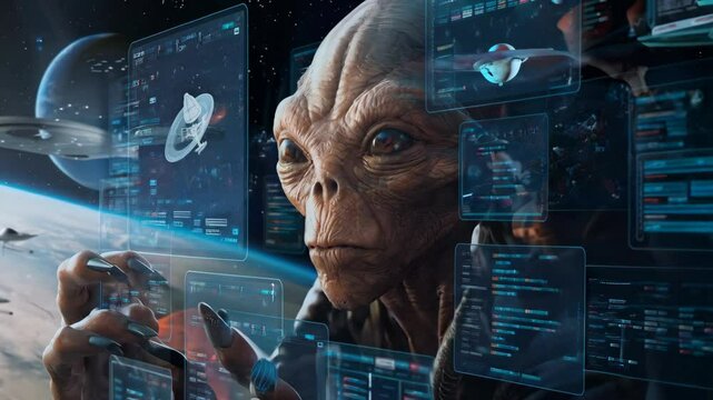 An alien interacts with futuristic technology in a space environment, showcasing advanced data.