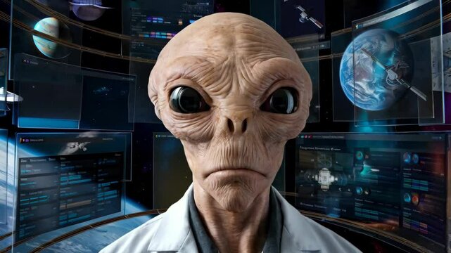 A humanoid alien in a lab coat surrounded by holographic displays of planets and spacecraft.