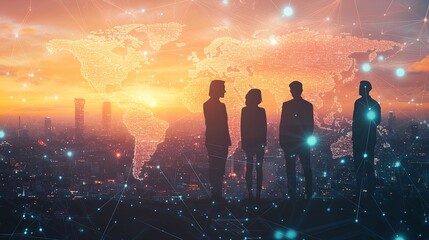 Global Networking at Sunset: A Striking Business Silhouette Poster Featuring Cityscape and World Map for Modern Office Décor and Inspiring Workspaces