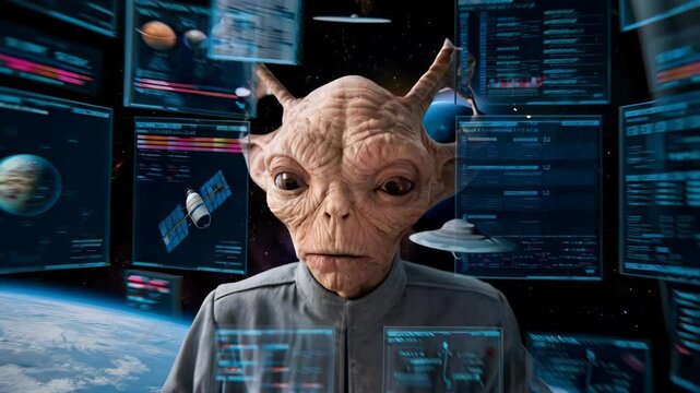 An alien figure interacts with futuristic technology and data displays in a space environment.