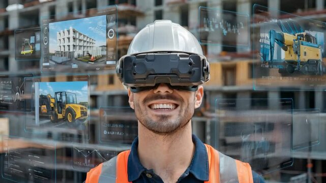 A construction worker using virtual reality technology on a building site.
