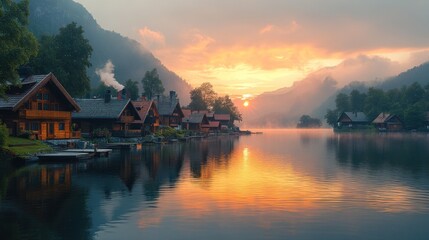 Fototapeta premium Scenic sunrise over alpine lake village.