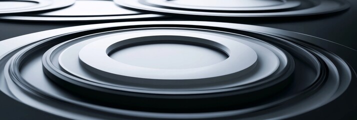 Abstract Circular Design: Concentric Black and White Rings - Modern, minimalist abstract art. Concentric circles, depth, texture, monochrome, design element.