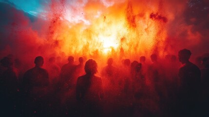 Fototapeta premium Silhouetted figures engulfed in fiery, smoky explosion.