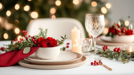 A beautifully set dining table adorned with festive decorations, including red flowers, candles, and elegant tableware, creating a warm, inviting atmosphere.