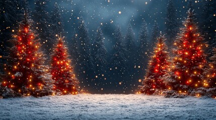 Naklejka premium Beautiful snowy landscape with illuminated trees during a winter night