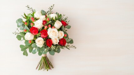 A vibrant bouquet featuring red and white roses, accented with green foliage, perfect for celebrations or as a decorative centerpiece.