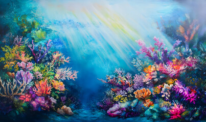 Naklejka premium Vibrant underwater scene featuring colorful coral reefs and rays of sunlight.