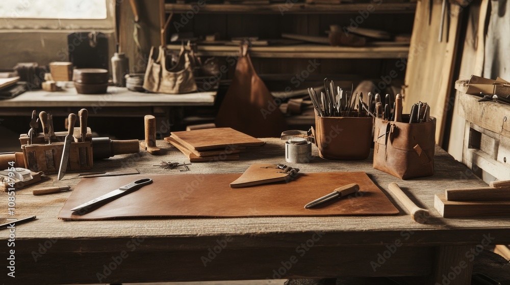Poster an intricate leather crafting station in a rustic workshop, leather tools and materials neatly arran