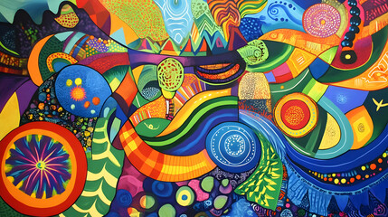 A vibrant abstract landscape filled with colorful patterns and shapes, evoking creativity and joy.